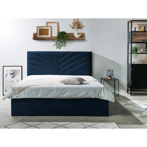 Sötétkék kárpitozott franciaágy tárolóhellyel ágyráccsal 160x200 cm Palmyre – Bobochic Paris-image-2