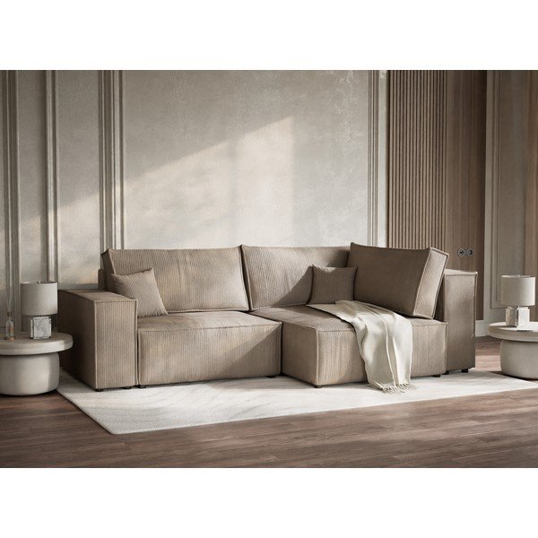 Bézs kordbársony kinyitható-tárolóhelyes sarokkanapé (jobb oldali-L alakú) Tonga – Maison de Rêve-image-4