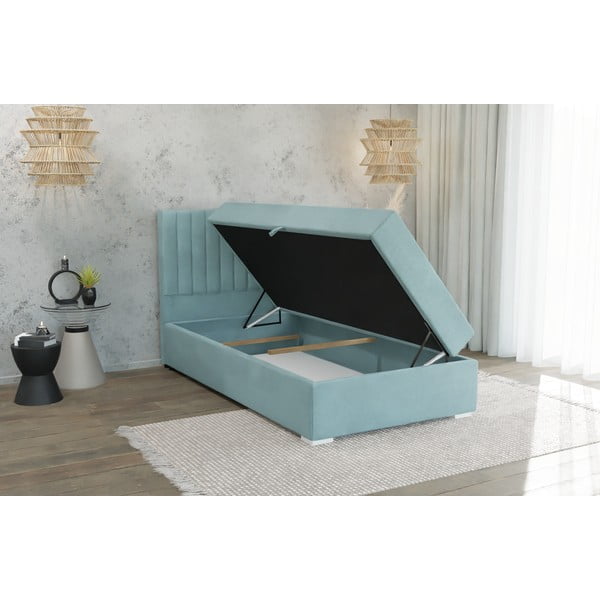 Világoskék kárpitozott ágyneműtartós egyszemélyes ágy ágyráccsal 90x200 cm Bunny – Ropez-image-3