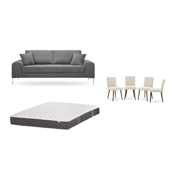Szürke, háromszemélyes kanapé, 4 db krémszínű szék, matrac (160 x 200 cm) szett- Home Essentials