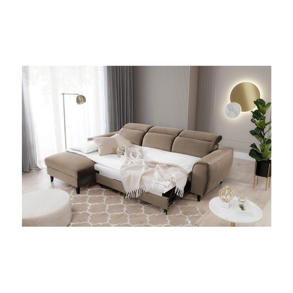 Világosbarna bársony kinyitható-tárolóhelyes sarokkanapé (bal oldali-heverő résszel) Foble – ELTAP-image-4