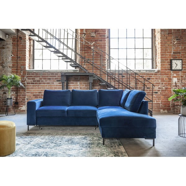 Sötétkék bársony kinyitható sarokkanapé (jobb oldali) Lofty Lilly – Miuform-image-1
