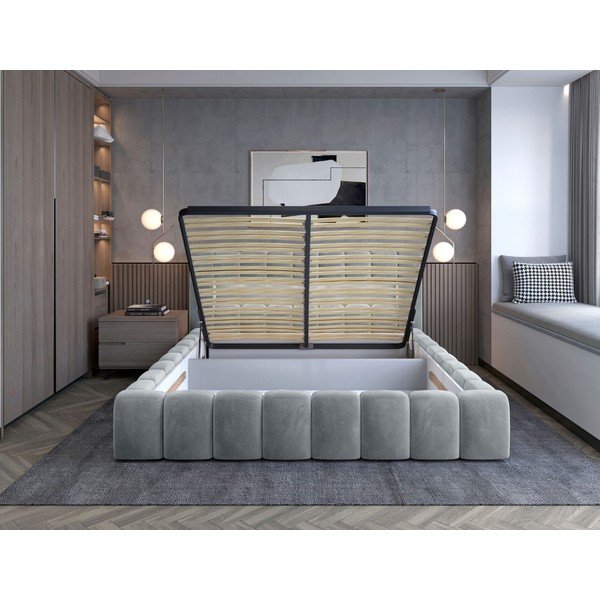 Világosszürke kárpitozott ágyneműtartós franciaágy ágyráccsal 160x200 cm Lamica – ELTAP-image-2