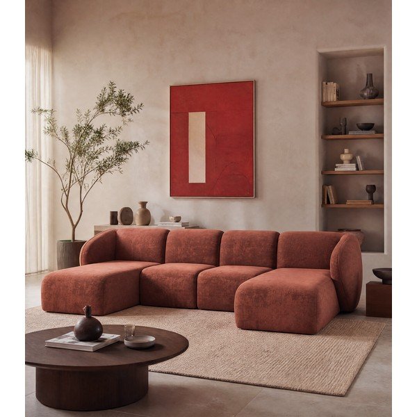 Terrakotta színű zsenília sarokkanapé (U alakú)  Lani – Makamii-image-1