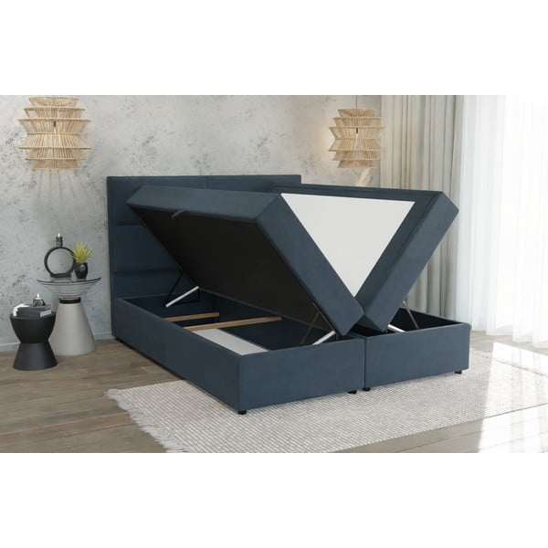 Sötétkék ágyneműtartós boxspring ágy 200x200 cm Lola – Ropez-image-3