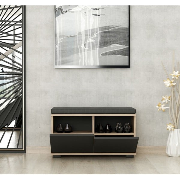 Fekete-natúr színű ülőkés cipőtartó diófa dekorral Drago – Kalune Design-image-4