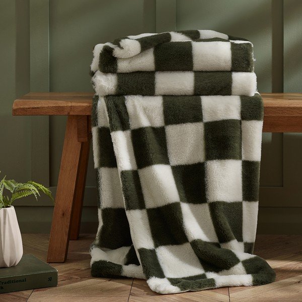 Fehér-zöld takaró 130x170 cm Cosy Soft Checkerboard – Catherine Lansfield-image-2
