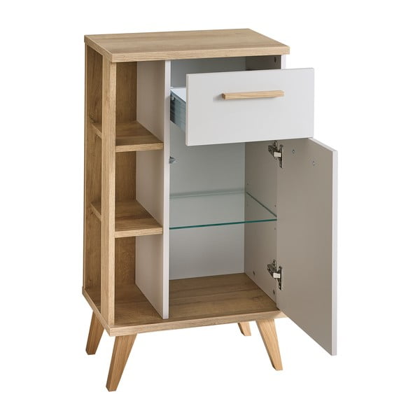 Krémszínű-natúr színű alacsony fürdőszoba szekrény tölgyfa dekorral 50,5x89,5 cm Quickset 966 – Pelipal-image-2