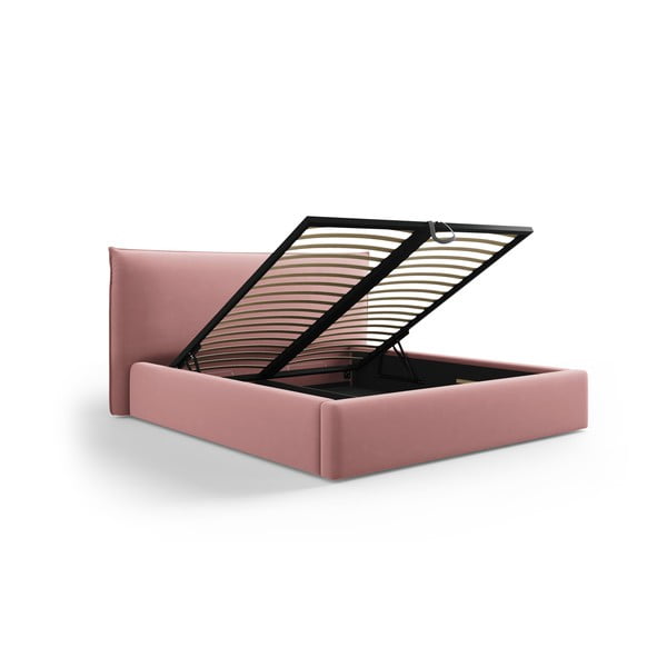 Rózsaszín kárpitozott ágyneműtartós franciaágy ágyráccsal 160x200 cm Elio – Milo Casa-image-2