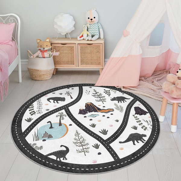 Fekete-fehér mosható gyerek játszószőnyeg ø120 cm Dino Park – Mila Home-image-4