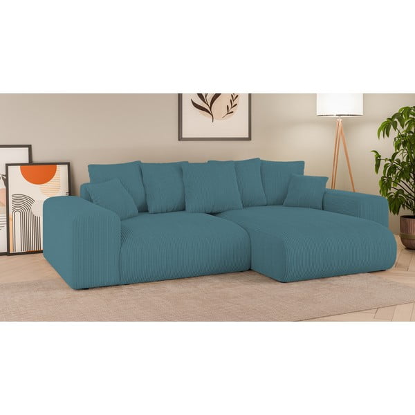Türkiz kordbársony kinyitható tárolóhelyes sarokkanapé Luma – Ropez-image-1