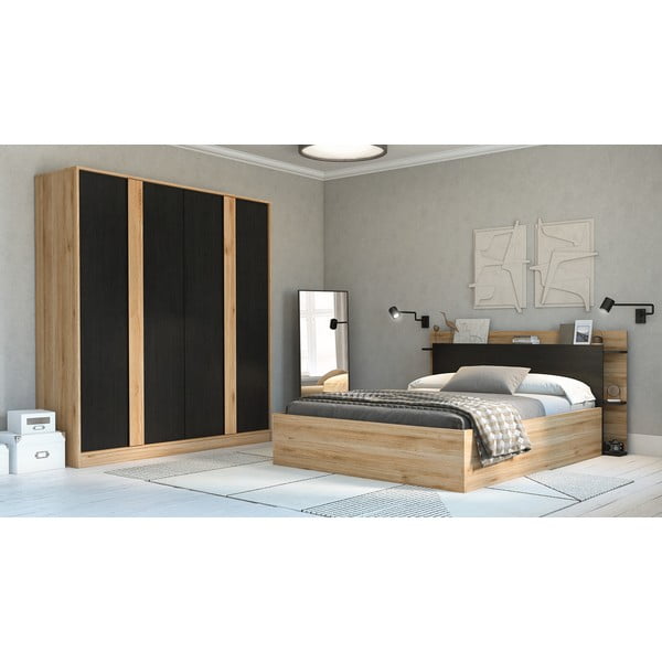 Fekete-natúr színű ruhásszekrény tölgyfa dekorral 180x197,5x53 cm Dennis – Marckeric-image-1