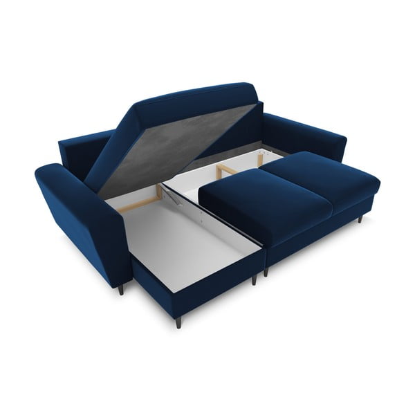 Kék bársony kinyitható tárolóhelyes sarokkanapé Kyoto – Cosmopolitan Design-image-2