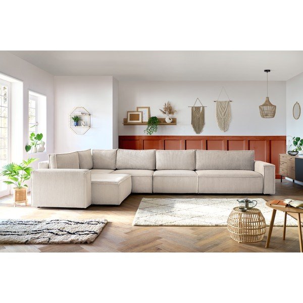 Krémszínű kordbársony sarokkanapé (bal oldali) Nihad modular – Bobochic Paris-image-1