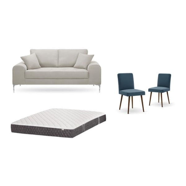 Krémszínű, kétszemélyes kanapé, 2 db kék szék és matrac (140 x 200 cm) szett - Home Essentials