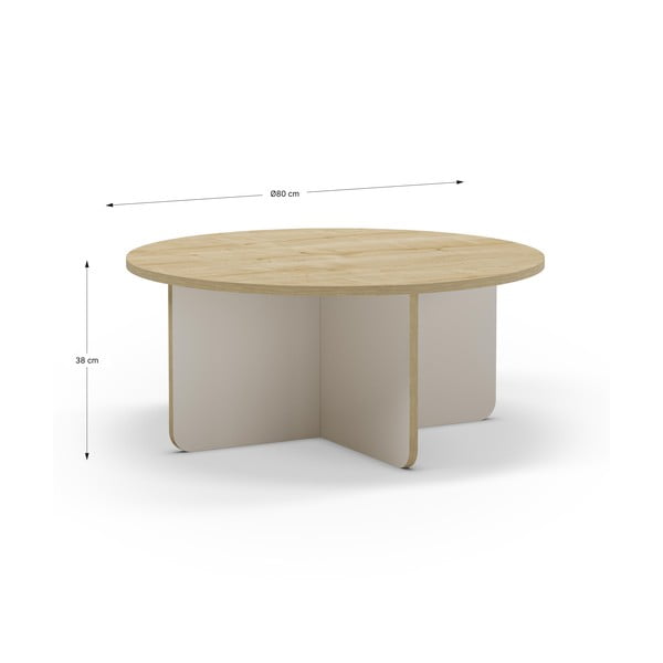 Krémszínű-natúr színű kerek dohányzóasztal tölgyfa dekoros asztallappal ø 80 cm Hillary – Marckeric-image-4