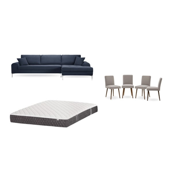 Sötétkék jobboldali sarokkanapé. 4 db szürkésbézs szék, matrac (160 x 200 cm) szett - Home Essentials