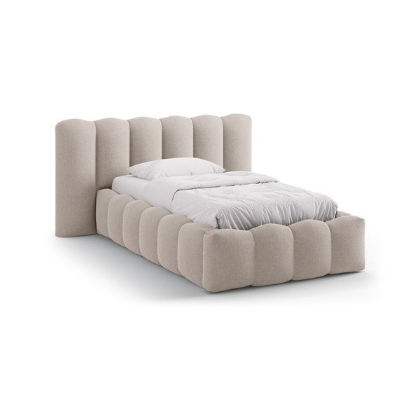 Világosbarna kárpitozott ágyneműtartós egyszemélyes ágy ágyráccsal 90x200 cm Lupine – Micadoni 