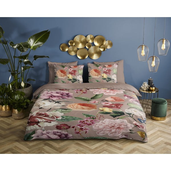 Szürke-barna kétszemélyes-hosszabbított pamut-szatén ágyneműhuzat 240x220 cm Fiori – Descanso-image-1