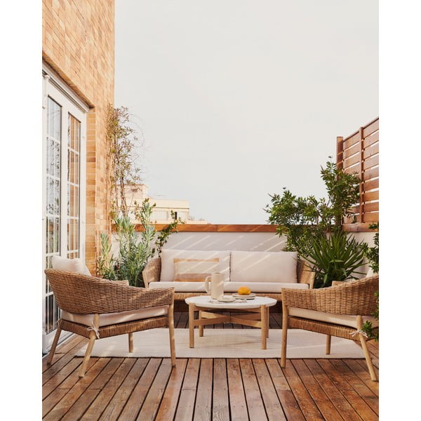 Krémszínű-natúr színű eukaliptusz négyszemélyes kerti lounge szett Pola – Kave Home-image-3