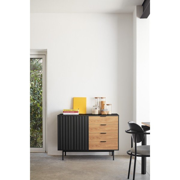 Fekete-natúr színű alacsony komód tölgyfa dekorral 108x80 cm Sierra – Teulat-image-1