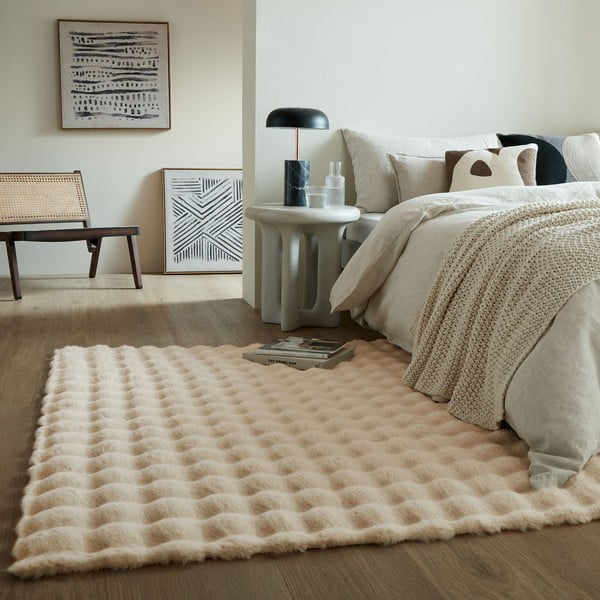 Krémszínű szintetikus szőrme szőnyeg 80x150 cm Waffle Faux Fur – Flair Rugs-image-1