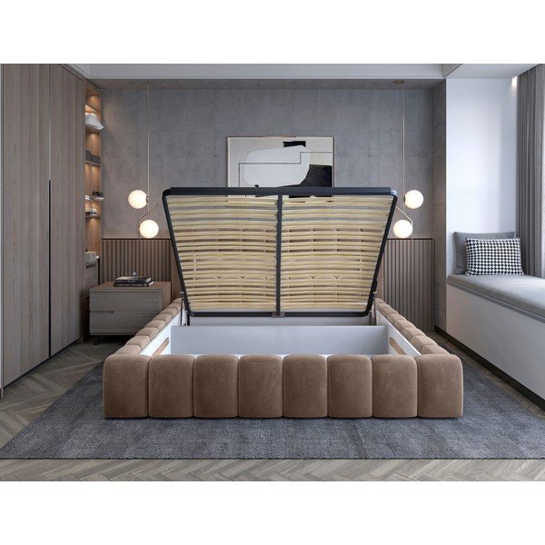 Világosbarna kárpitozott ágyneműtartós franciaágy ágyráccsal 160x200 cm Lamica – ELTAP-image-2