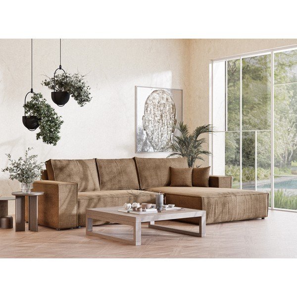 Világosbarna zsenília kinyitható-tárolóhelyes sarokkanapé (jobb oldali-heverő résszel) Maze – Maison de Rêve-image-1