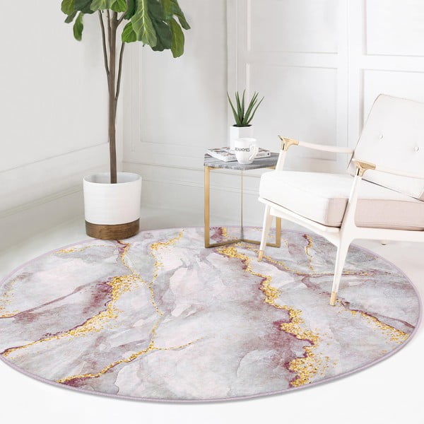 Világos rózsaszín-aranyszínű mosható kerek szőnyeg ø 80 cm Marble – Mila Home-image-2