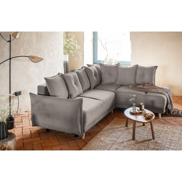 Világosbarna kordbársony kinyitható sarokkanapé (jobb oldali) Lazy Lukka – Miuform-image-1