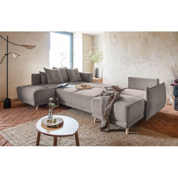 Világosbarna kordbársony kinyitható sarokkanapé (bal oldali-U alakú) Lazy Lukka – Miuform-image-1