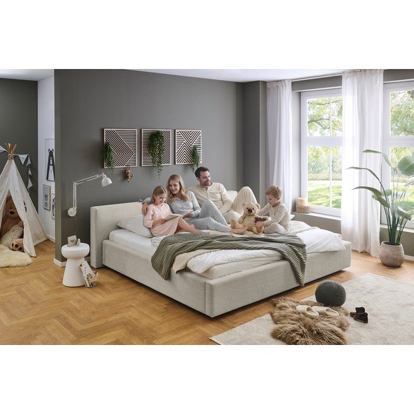 Bézs kárpitozott ágyneműtartós franciaágy ágyráccsal 200x240 cm Cube – Meise Möbel-image-1