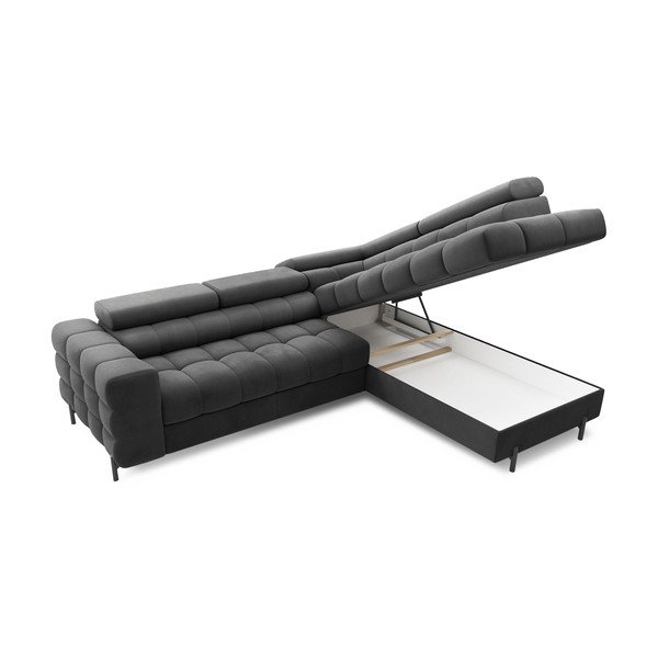 Sötétszürke bársony kinyitható-tárolóhelyes sarokkanapé (jobb oldali-L alakú) Ferucce – ELTAP-image-4