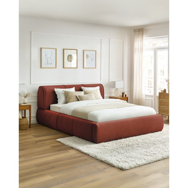 Narancssárga kárpitozott franciaágy tárolóhellyel, ágyráccsal 180x200 cm Vernon – Bobochic Paris-image-1