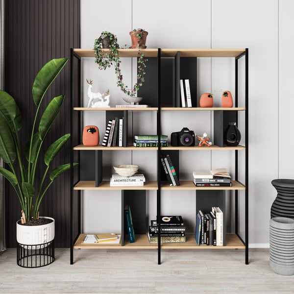 Fekete-natúr színű könyvespolc tölgyfa dekorral 144x175 cm Alabama – Marckeric-image-3