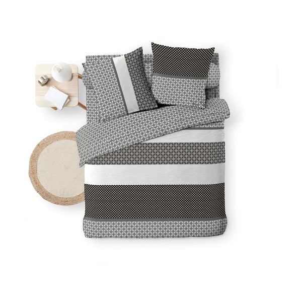 Fekete-fehér kétszemélyes-hosszabbított pamut ágyneműhuzat lepedővel-hatrészes 240x220 cm Meiko – douceur d'intérieur-image-3