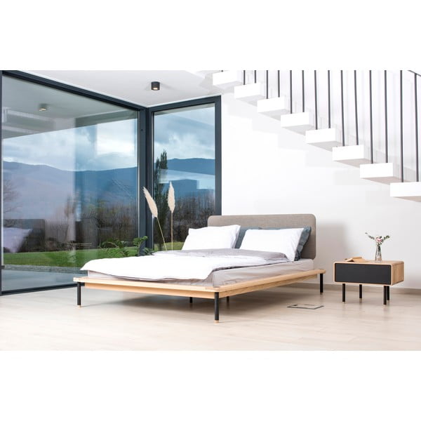 Szürke-natúr színű tölgyfa franciaágy ágyráccsal 140x200 cm Fina – Gazzda-image-1