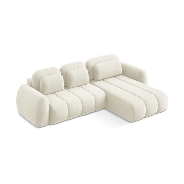 Bézs buklé kinyitható-tárolóhelyes sarokkanapé (jobb oldali-heverő résszel) Pele – Makamii-image-2