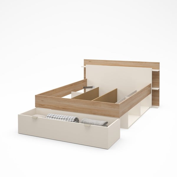 Fehér-natúr színű ágyneműtartós franciaágy ágyrács nélkül, tölgyfa dekorral  140x190 cm Albo – Marckeric-image-4