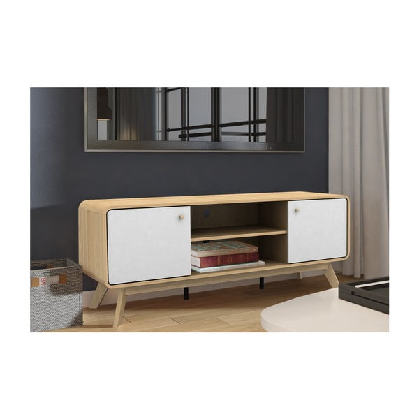 Fehér-natúr színű TV-állvány tölgyfa dekorral 140x53 cm Caitlin – Støraa-image-4