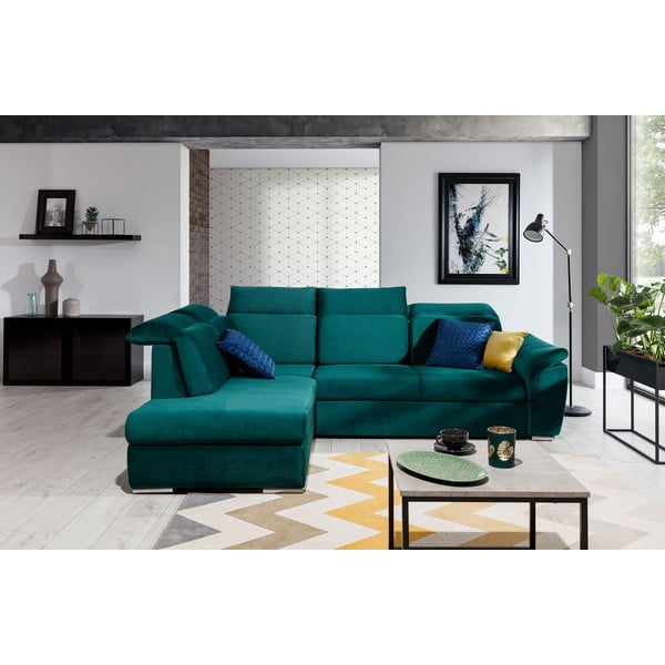 Zöld bársony kinyitható-tárolóhelyes sarokkanapé (bal oldali-L alakú) Loreto – ELTAP-image-1