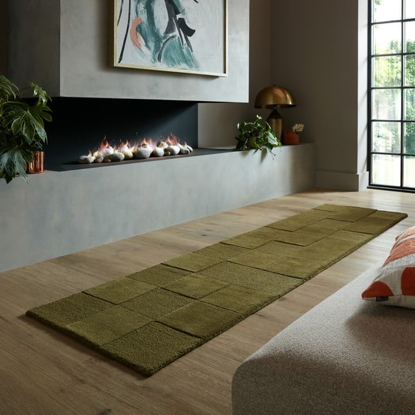 Khaki kézi szövésű gyapjú futószőnyeg 60x230 cm Checkerboard – Flair Rugs-image-1