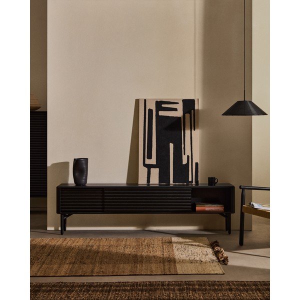 Fekete TV-állvány tölgyfa dekorral 200x57x35 cm Lenon – Kave Home-image-1