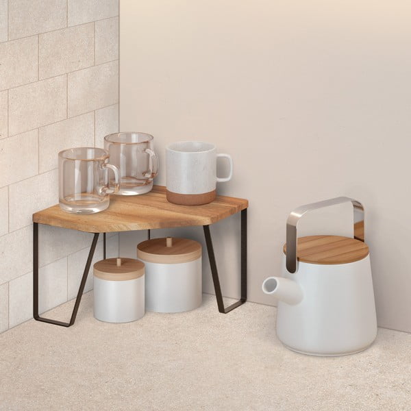 Matt fekete-natúr színű fa kiegészítő sarokpolc 25x25 cm York – Metaltex-image-1