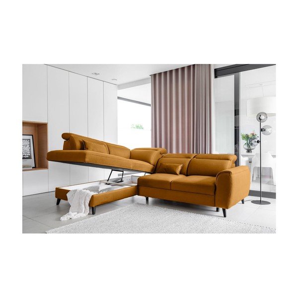 Sárga bársony kinyitható-tárolóhelyes sarokkanapé (bal oldali-L alakú) Noble – ELTAP-image-3