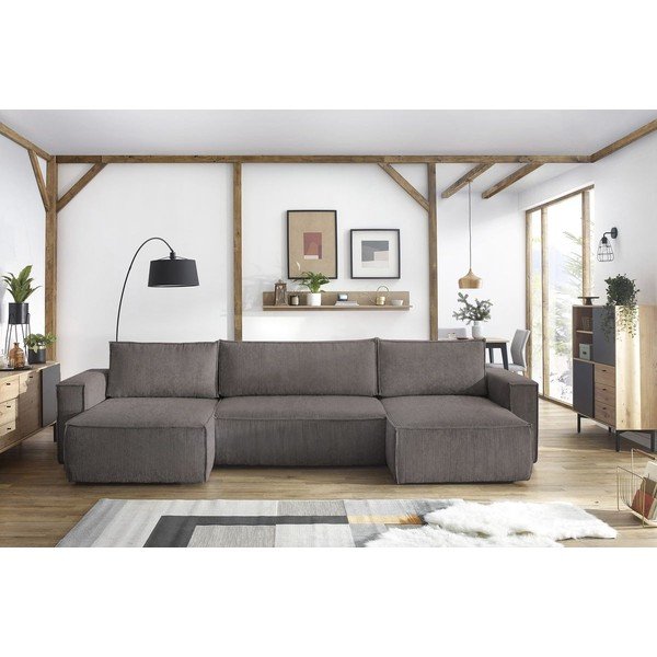 Sötétszürke kordbársony kinyitható sarokkanapé ("U" alakú) Nihad – Bobochic Paris-image-1