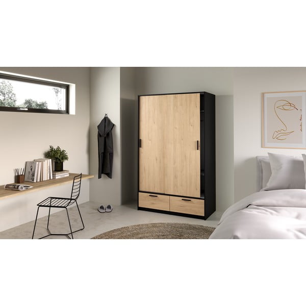 Fekete-natúr színű ruhásszekrény tolóajtóval, tölgyfa dekorral 121x200 cm Line – Tvilum-image-1