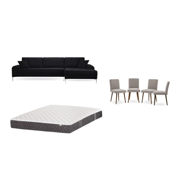 Fekete jobboldali sarokkanapé, 4 db szürkésbézs szék, matrac (160 x 200 cm) szett - Home Essentials