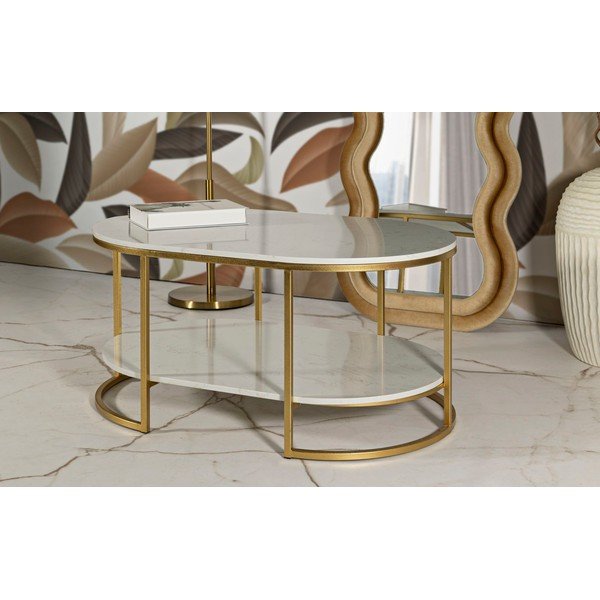 Fehér-aranyszínű dohányzóasztal márvány asztallappal 60x90 cm Izmir – Mauro Ferretti-image-1