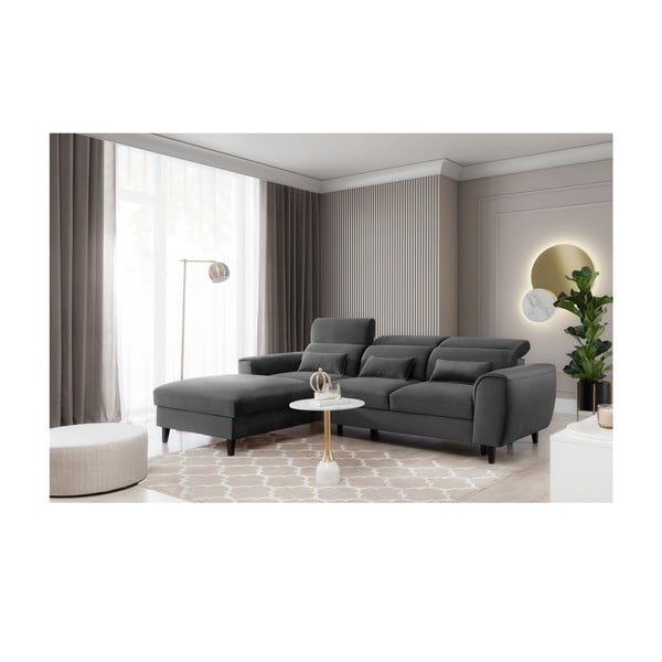 Sötétszürke bársony kinyitható-tárolóhelyes sarokkanapé (bal oldali-heverő résszel) Foble – ELTAP-image-3